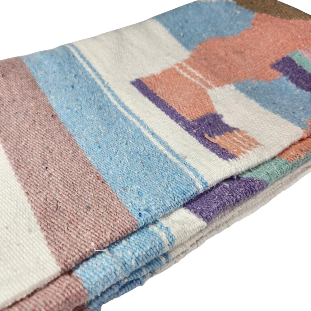 Vintage Pastel Striped Aztec Warrior Blanket Rug Wool Mexican Throw Saddle Boho